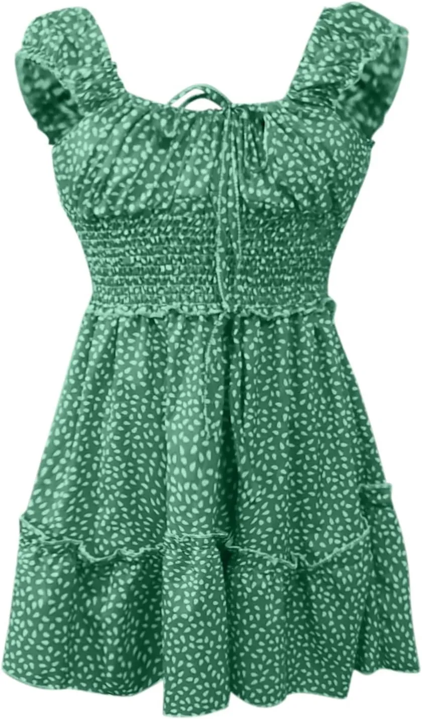 Summer Womens Smocked Dresses Ruffle Floral Tie Front Boho Sundress Polka Dot Sexy Fashion Print Neckline Mini Dress