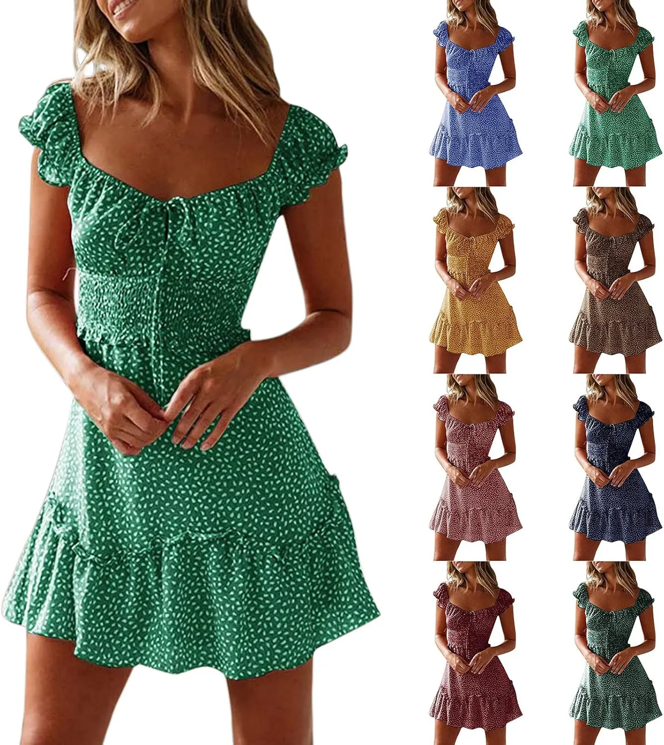 Summer Womens Smocked Dresses Ruffle Floral Tie Front Boho Sundress Polka Dot Sexy Fashion Print Neckline Mini Dress
