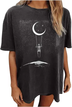 Summer Y2k Tops for Womens, Casual Vintage Short Sleeve T-Shirt, Girls Oversize Loose Round Neck Elastic Tee
