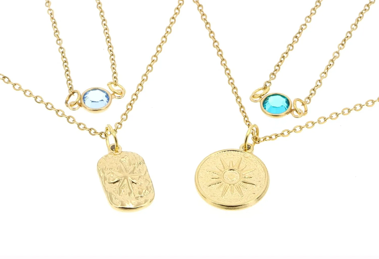 Sunburst Layered Gold Crystal Necklace Set - Two Layering Birthstone Celestial Jewelry - Friend Gift - Waterproof Stainless Steel - DII