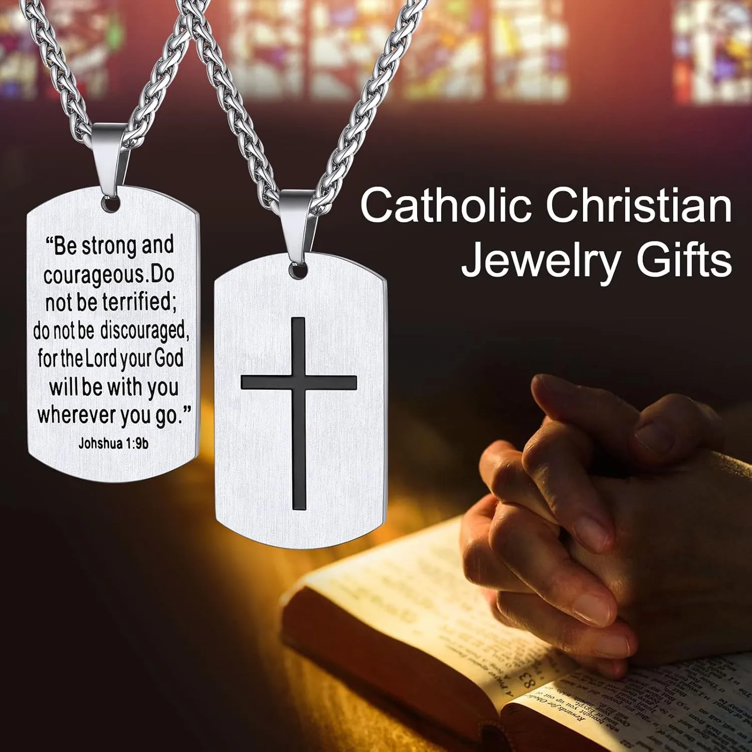 Supcare Mens Dog Tag Necklace with Cross,Shield/Round Engraved Inspiration Jewelry Gifts for Son Men (Gift Wrapped)