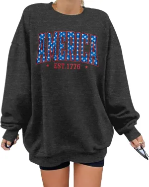 SUPEYA American Sweatshirt Women USA Oversized Shirt Patriotic TShirt Casual Long Sleeve Pullover 4th of July Tee Tops