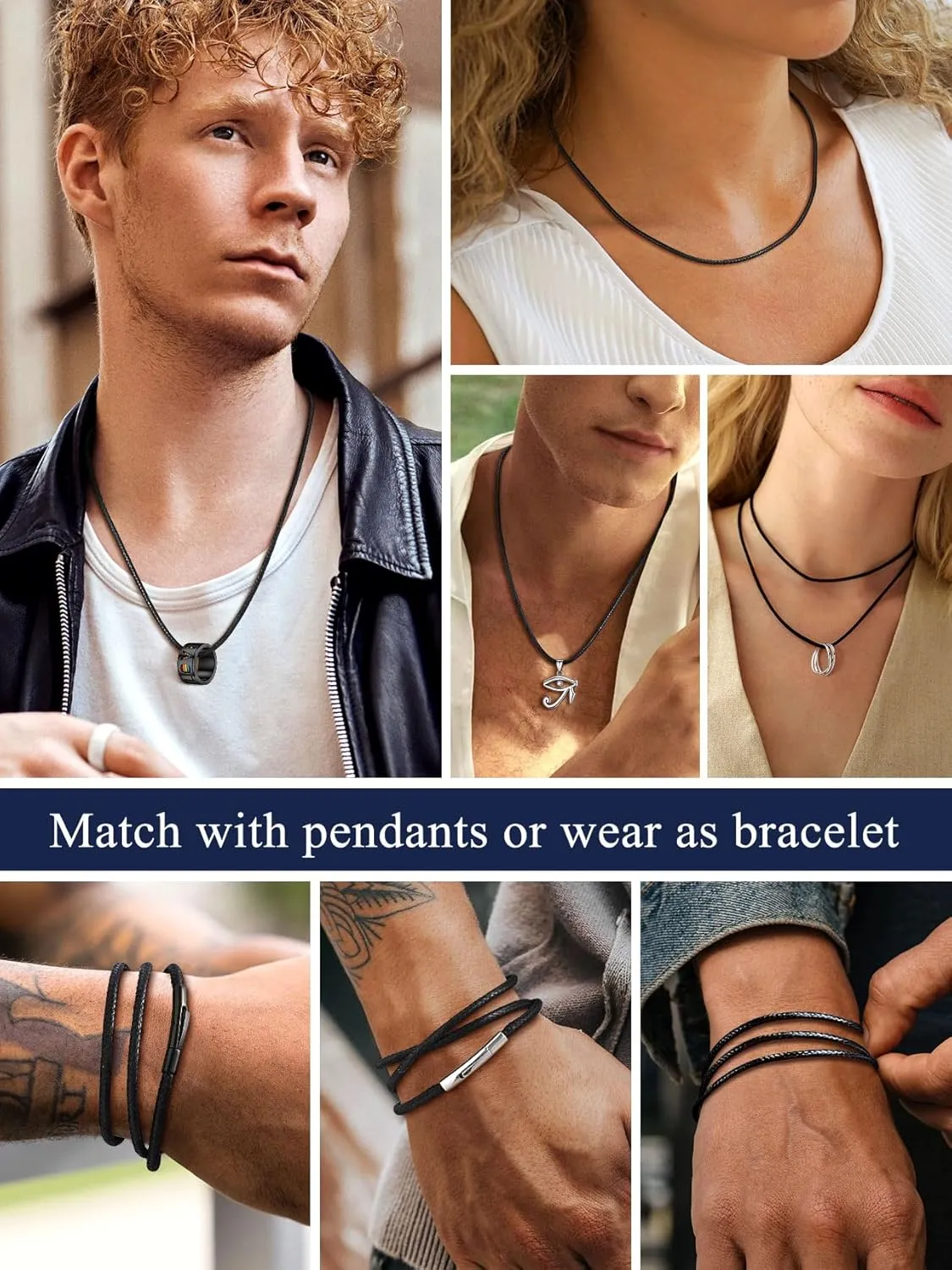 Suplight Waterproof Braided Leather Cord Chain Necklace for Men Women, Woven Wax Rope Chain for Pendant, Leather Necklaces Customize Available with Strong Clasp, 2/3mm Width 16" 18" 20"...30" Length