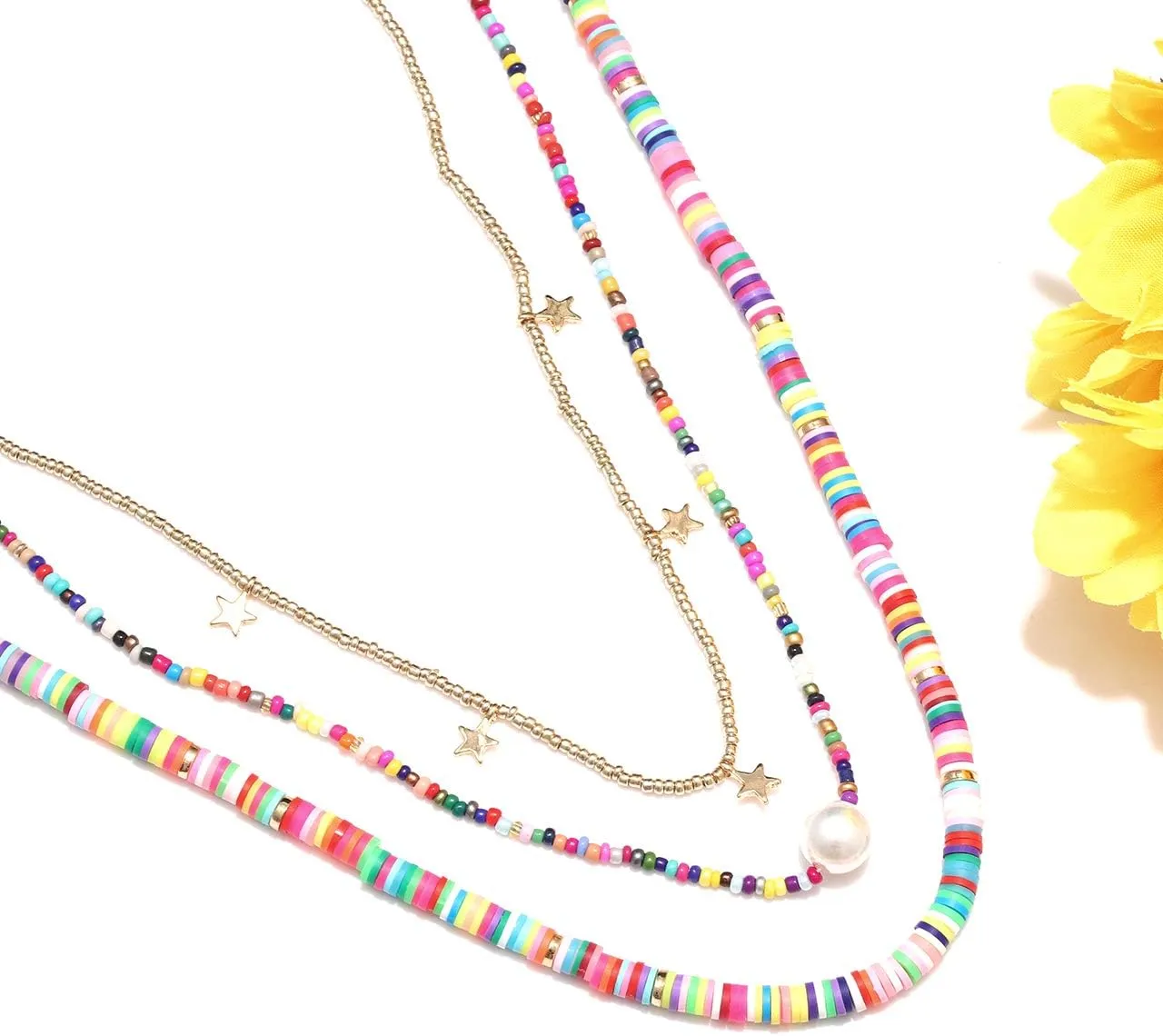 Surfer Heishi Bead Choker Necklace for Woman Star Pearl Polymer Clay Record Disc Beads Layered Necklace Boho Beach Necklace jewelry