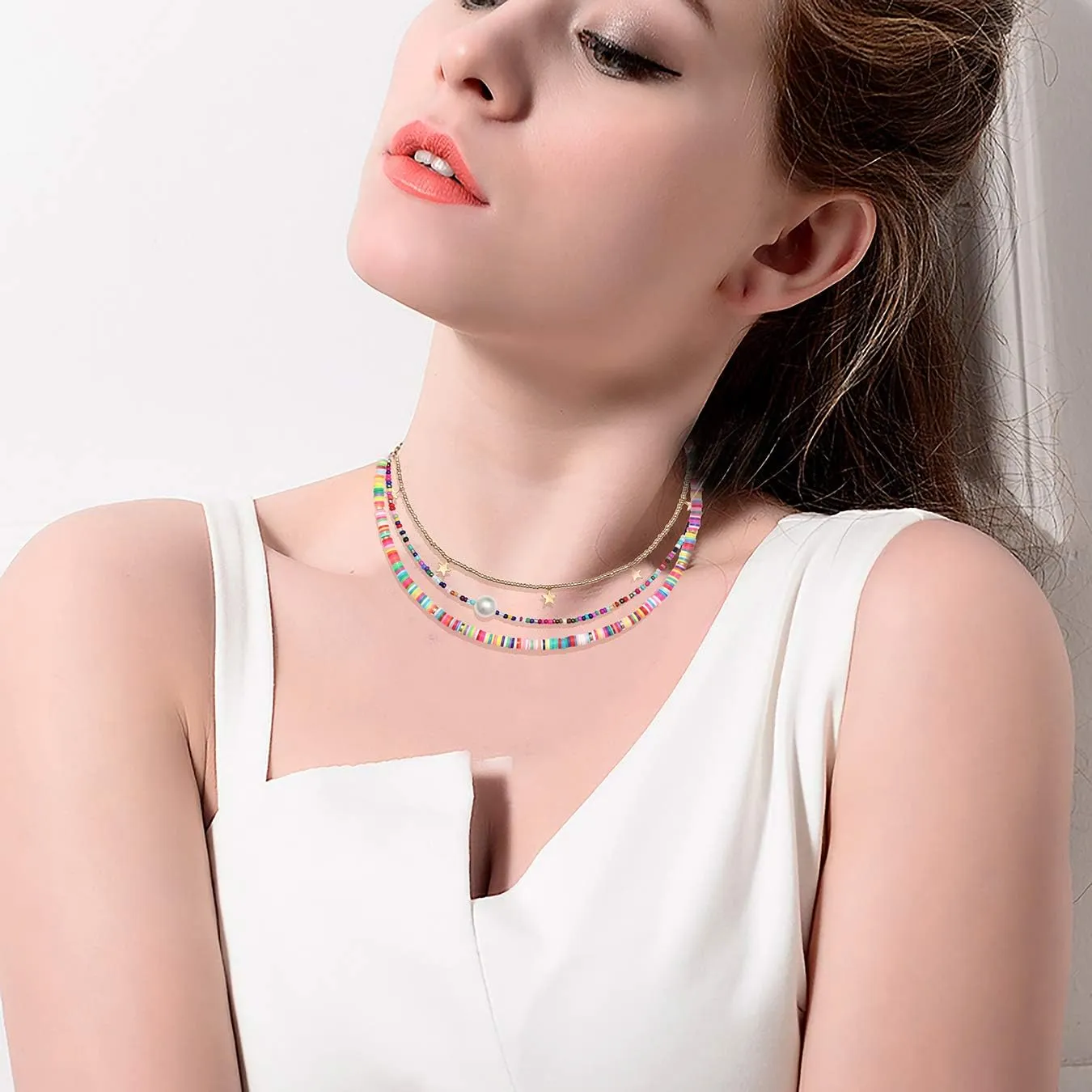 Surfer Heishi Bead Choker Necklace for Woman Star Pearl Polymer Clay Record Disc Beads Layered Necklace Boho Beach Necklace jewelry
