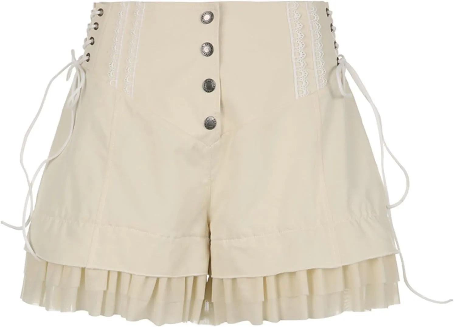 Sweet Mesh Tiered Ruffle Shorts Skirts Khaki Wide Form Side Bandage Cute Hot Pants Lolita Style Soft Girls Shorts Y2K