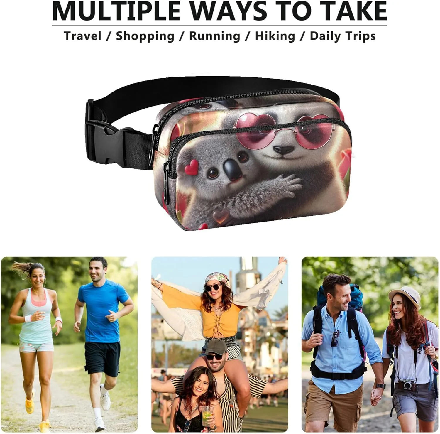 Sweet Panda Koala Love Vibes Womens Fanny Pack Anti Theft Belt Bag Waterproof Neon Waist Pouches for Men