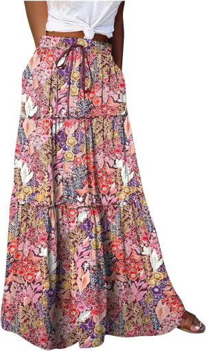 TANGNADE Long Flowy Beach Skirts for Women Summer High Waisted Casual Maxi Skirt Swing Floral Print Pleated Skirts