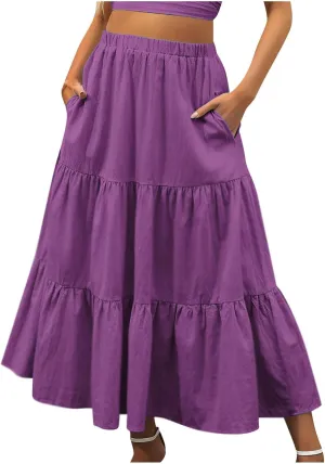 TANGNADE Women's Skirts Knee Length High Waisted Vacation Skirts for Women Summer Trendy Flowy Travel Boho Skirt with Pocket