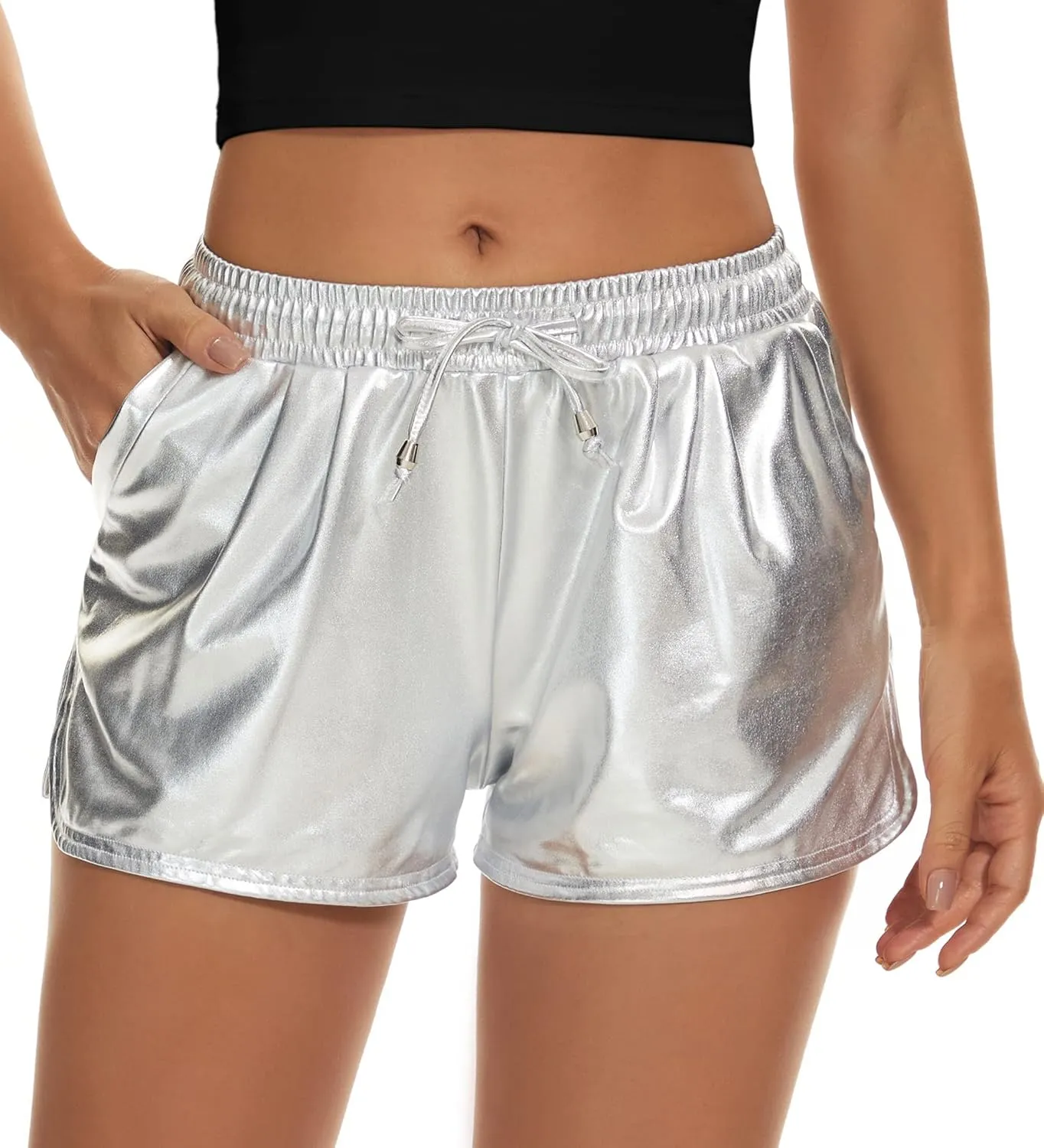 Taydey Metallic Shorts for Women Hot Sparkly Shiny Shorts with Elastic Drawstring