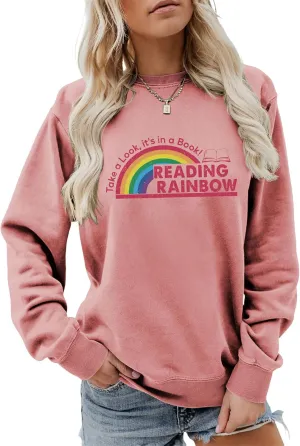 Teacher Sweatshirts for Women Take a Look It's in a Book Lovers Shirt Reading Rainbow Graphic Tees Cute Fall Tops