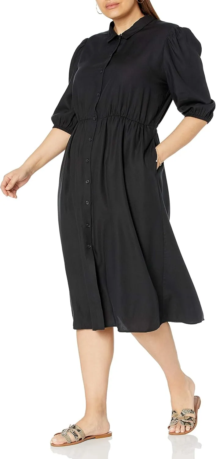The Drop Women's Ellen Puff-Sleeve Open Back Midi Shirt Dress