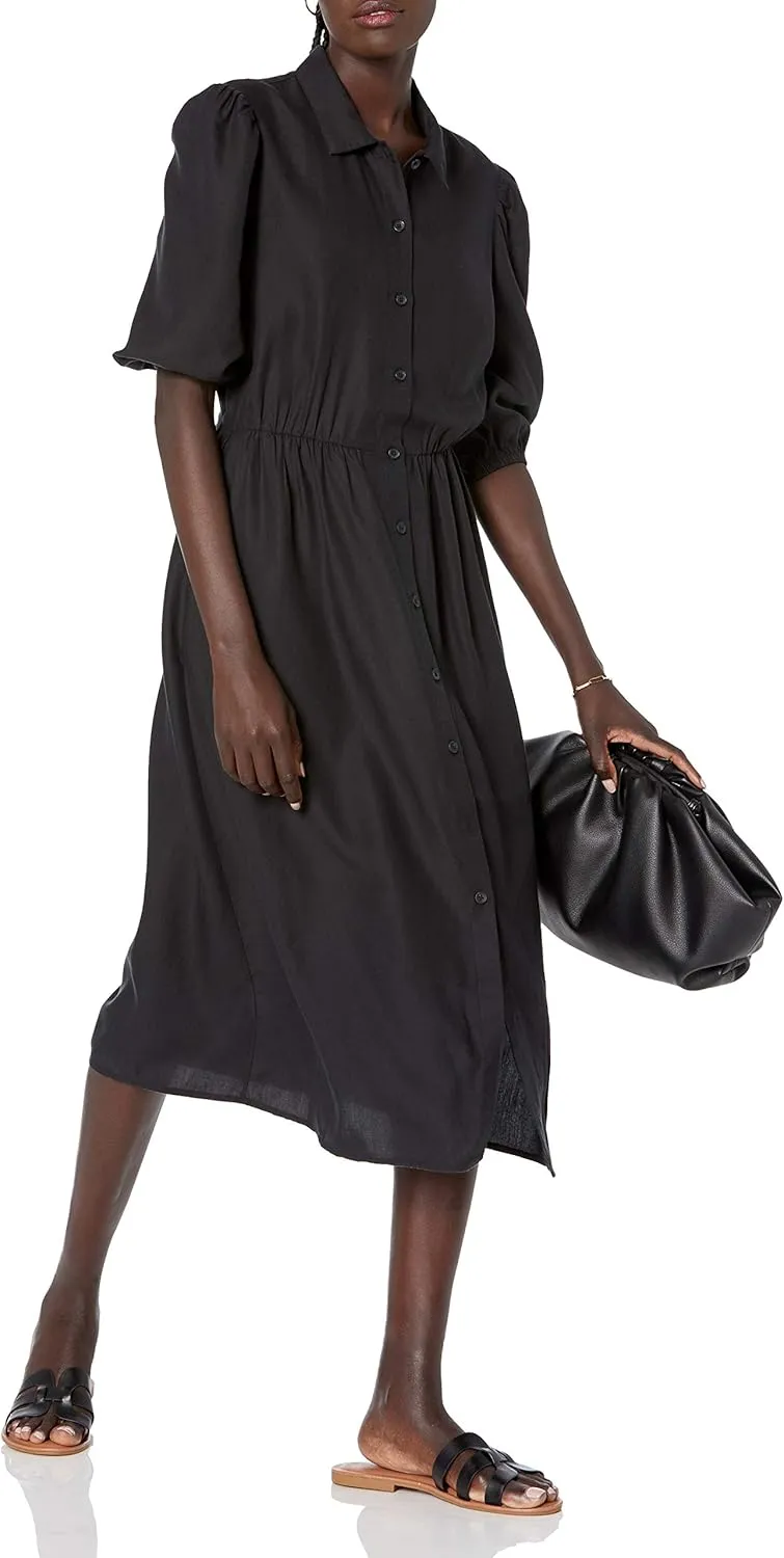 The Drop Women's Ellen Puff-Sleeve Open Back Midi Shirt Dress