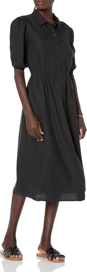 The Drop Women's Ellen Puff-Sleeve Open Back Midi Shirt Dress