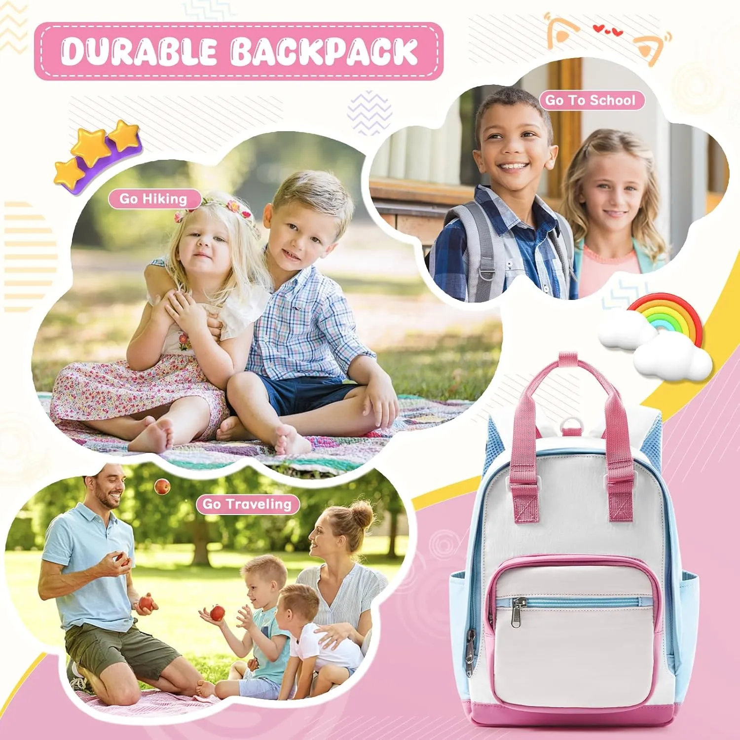 Toddler Backpack for Girls, Kids Backpack for 2-4, Small Preschool Kindergarten Bookbag Cute Mini Travel Backpacks Pink Blue