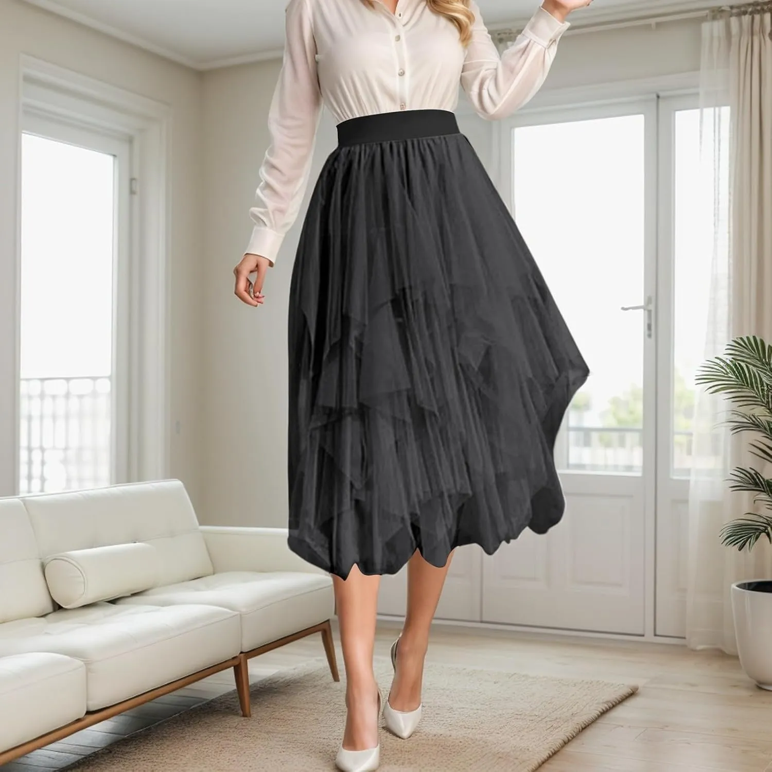 Tulle Skirts for Women Midi Length Summer Pleated Tiered Flowy Asymmetrical Skirt Elastic High Waisted Vacation Mesh Skirts