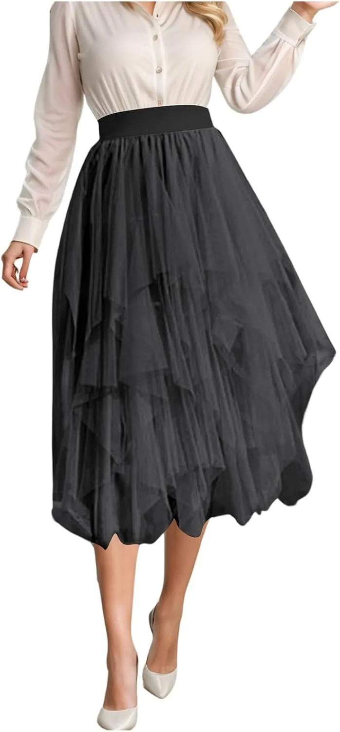 Tulle Skirts for Women Midi Length Summer Pleated Tiered Flowy Asymmetrical Skirt Elastic High Waisted Vacation Mesh Skirts