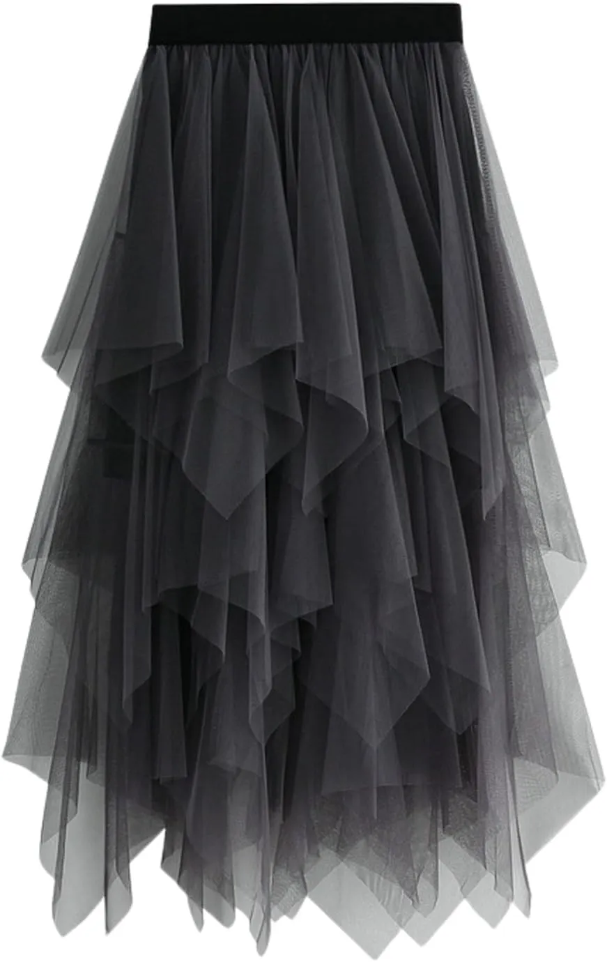 Tulle Skirts for Women Midi Length Summer Pleated Tiered Flowy Asymmetrical Skirt Elastic High Waisted Vacation Mesh Skirts