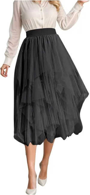 Tulle Skirts for Women Midi Length Summer Pleated Tiered Flowy Asymmetrical Skirt Elastic High Waisted Vacation Mesh Skirts