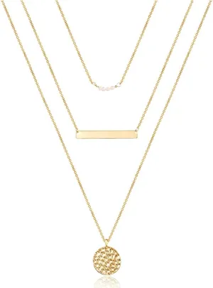 Turandoss Dainty Layered Choker Necklace, Handmade 14K Gold Plated Y Pendant Necklace Multilayer Bar Disc Necklace Adjustable Layering Choker Necklaces for Women
