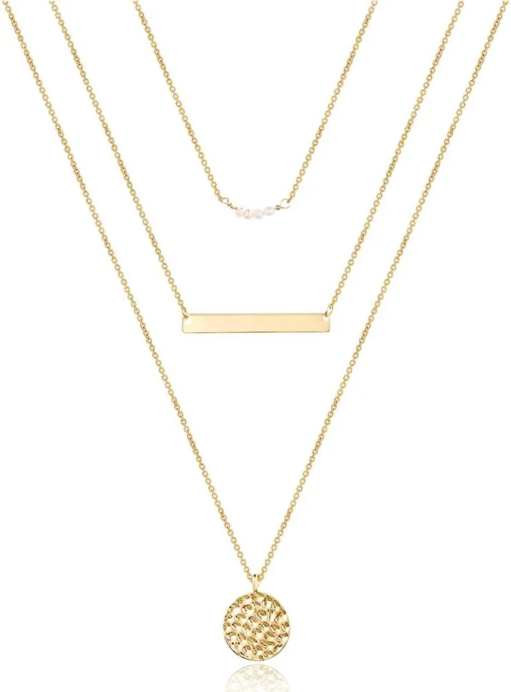 Turandoss Dainty Layered Choker Necklace, Handmade 14K Gold Plated Y Pendant Necklace Multilayer Bar Disc Necklace Adjustable Layering Choker Necklaces for Women