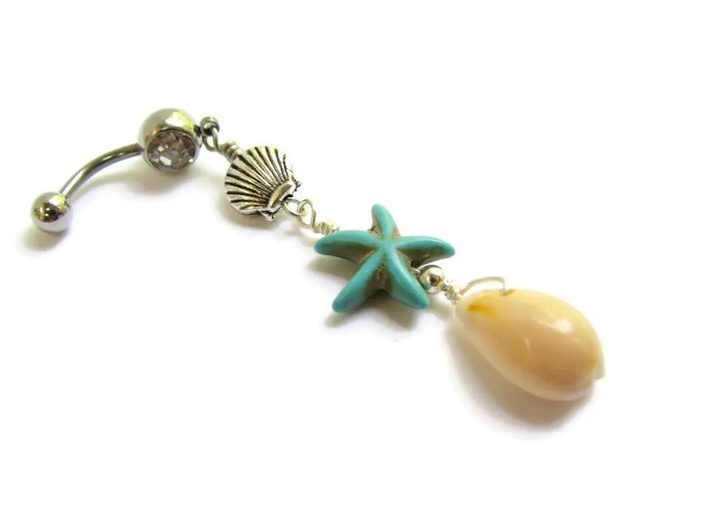Turquoise Starfish and Cowrie Shell Long Belly Ring