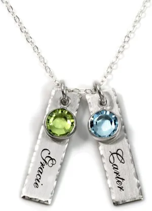 Unity in Two Personalized Charm Necklace. Customize 2 Sterling Silver Rectangular Pendants with Names of Your Choice. Choose 2 Swarovski Birthstones, and 925 Chain. Makes Gifts for Her