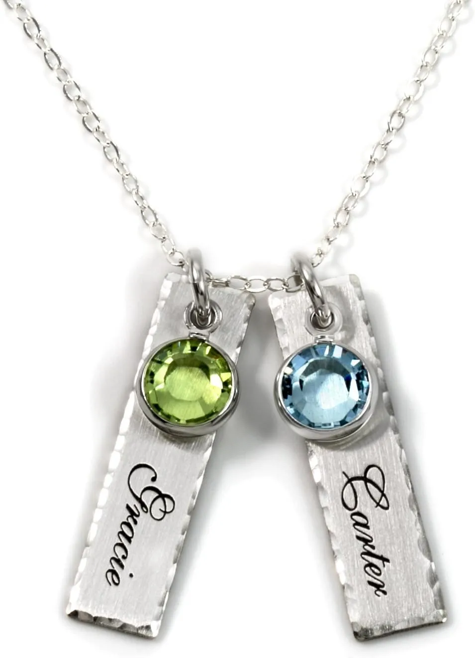 Unity in Two Personalized Charm Necklace. Customize 2 Sterling Silver Rectangular Pendants with Names of Your Choice. Choose 2 Swarovski Birthstones, and 925 Chain. Makes Gifts for Her