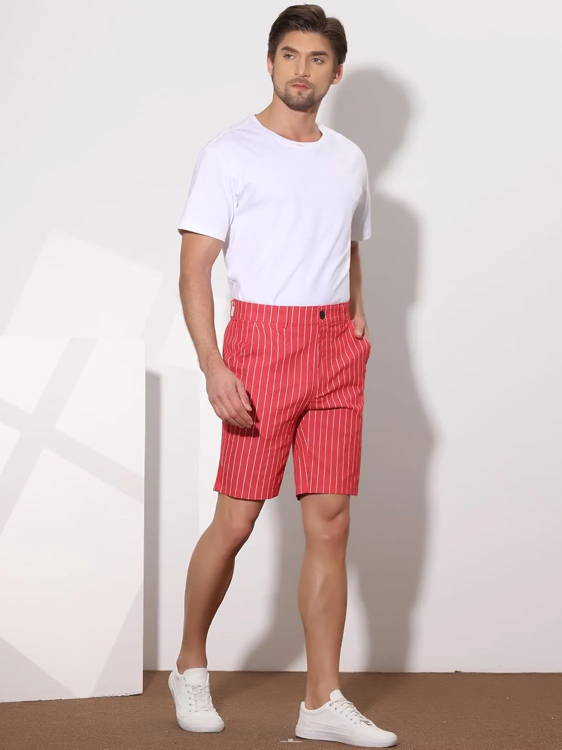 uxcell Men Summer Shorts Striped Slim Fit Flat Front Walk Chino Shorts