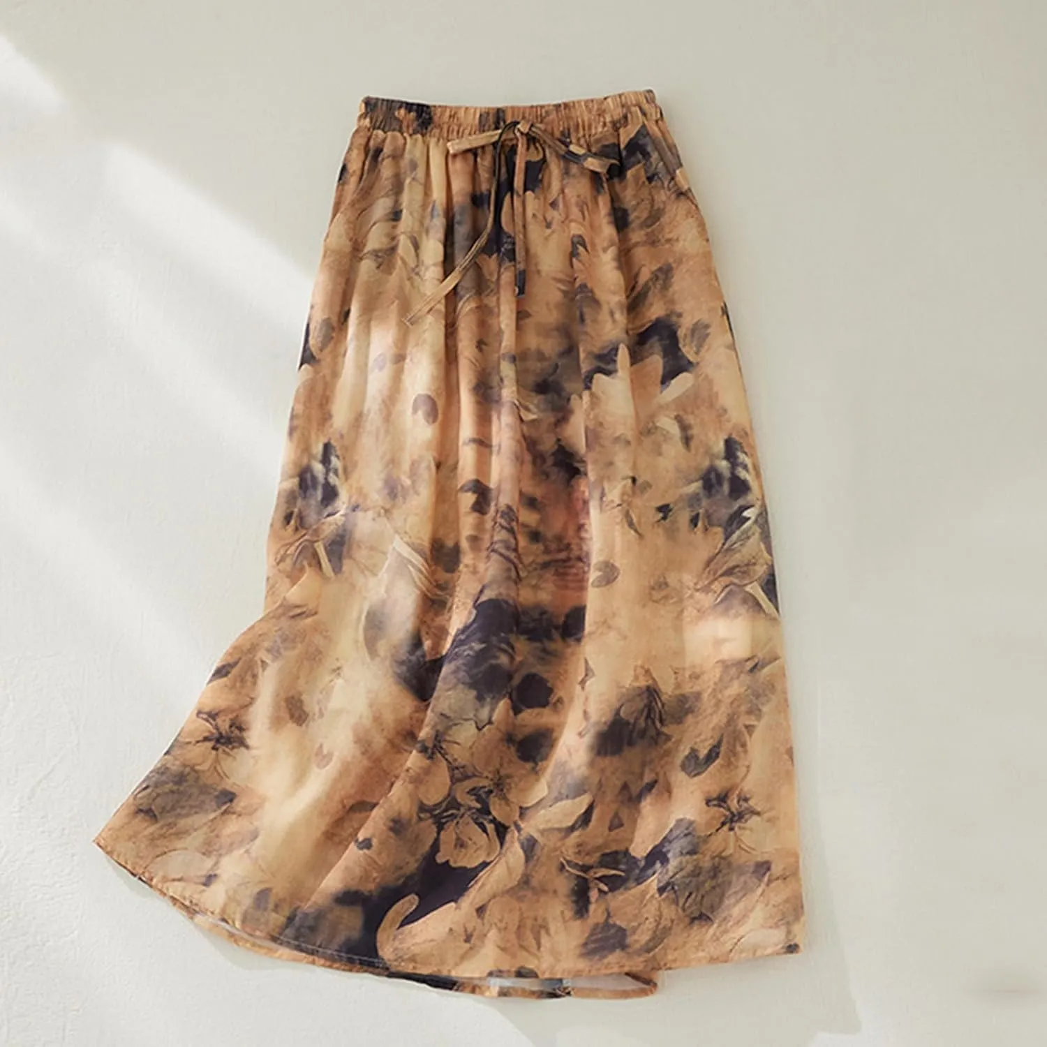 Vintage Floral Print Midi Skirt Women Drawstring Elastic Waist Flowy A-Line Skirts Casual Lightweight Beach Skirt