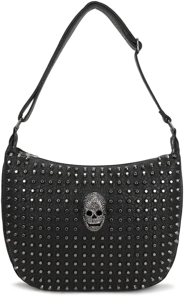 Vintage Handbags for Women Leather Hobo Bags Skull Rivet Purse Shoulder Bag Satchel Messenger Bag Crossbody Bag-Black