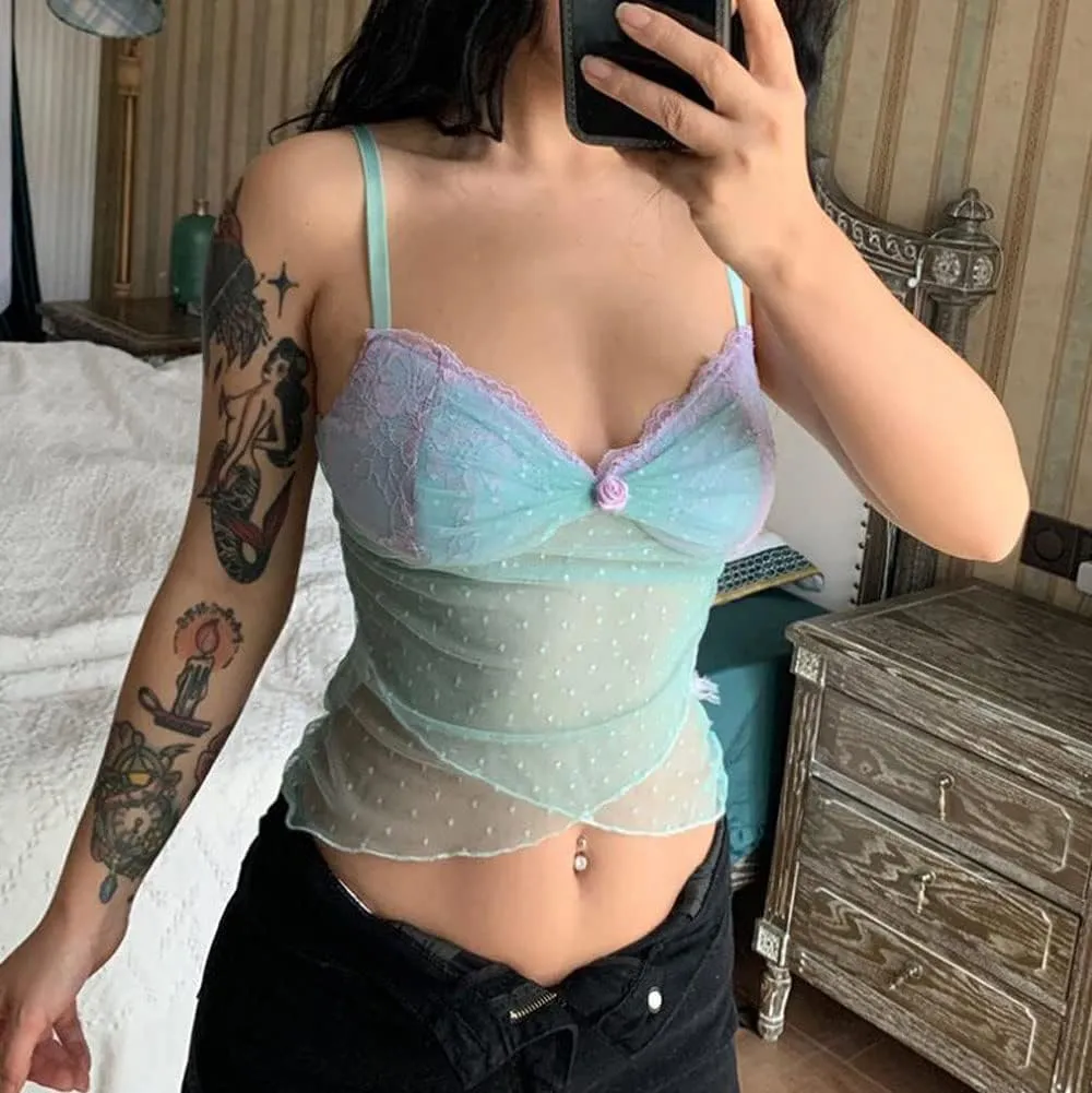 Vintage Lace Trim Crop Top for Women Y2K Spaghetti Strap Slim Fit Camis Low Cut Square Neck Tank Tops Streetwear