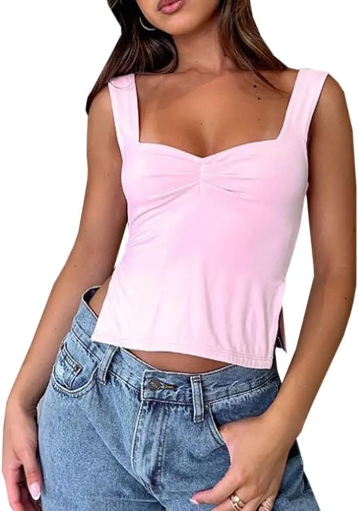 Vintage Lace Trim Crop Top for Women Y2K Spaghetti Strap Slim Fit Camis Low Cut Square Neck Tank Tops Streetwear