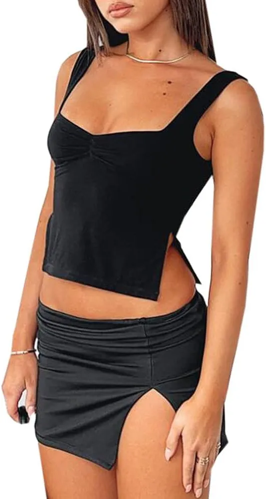Vintage Lace Trim Crop Top for Women Y2K Spaghetti Strap Slim Fit Camis Low Cut Square Neck Tank Tops Streetwear