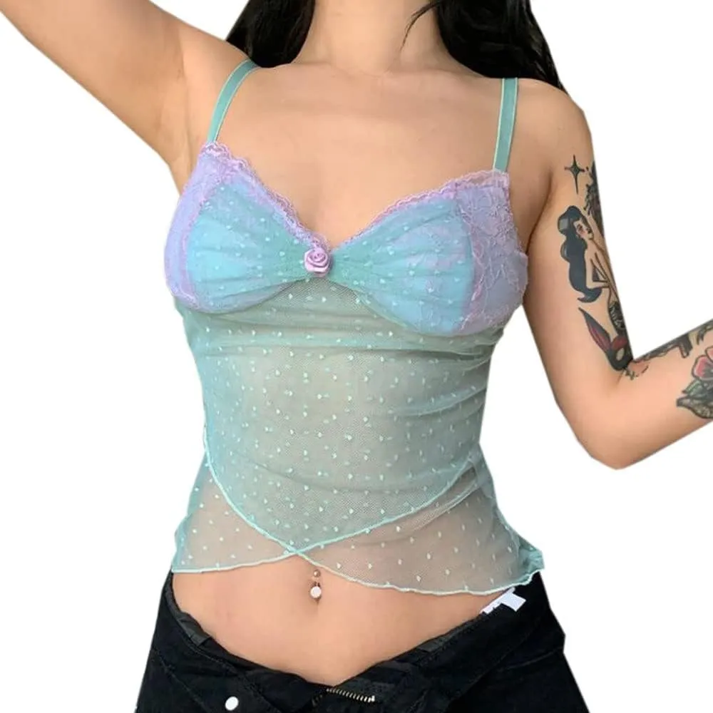 Vintage Lace Trim Crop Top for Women Y2K Spaghetti Strap Slim Fit Camis Low Cut Square Neck Tank Tops Streetwear