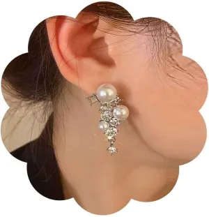 Vintage Pearl Cz Dangle Earrings Cluster Pearl Earrings Silver Pearl Stud Earrings Pearl Crystal Earrings Rhinestone Pearl Drop Earrings Jewelry for Women