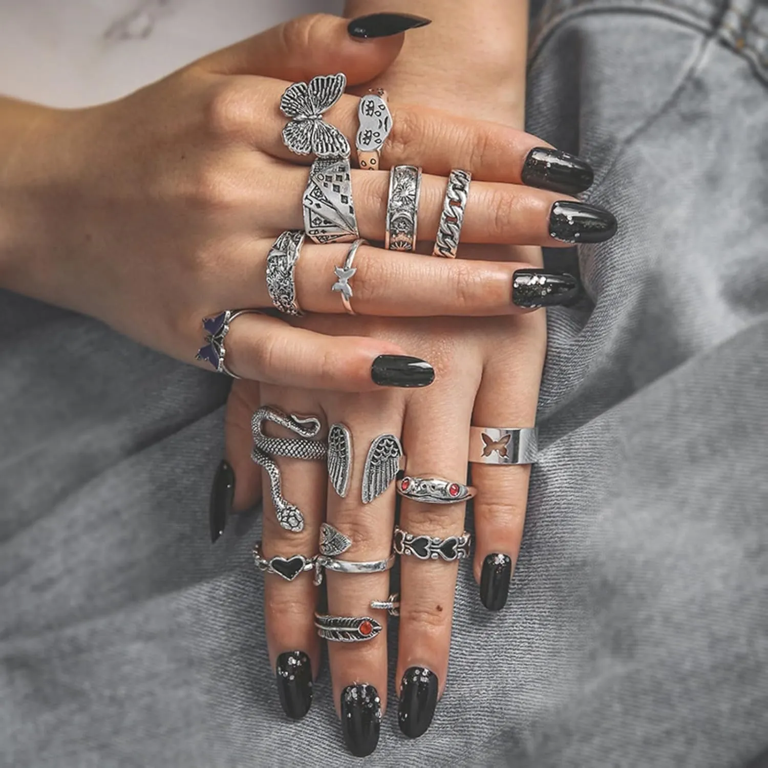 Vintage Silver Punk Rings Set for Women Men,Trendy Cool Gothic Chunky Rings Bulk Retro Statement Knuckle Rings Set Adjustable Y2K Midi Rings Jewelry