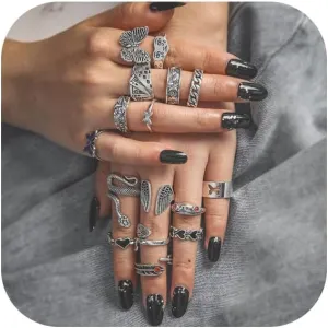 Vintage Silver Punk Rings Set for Women Men,Trendy Cool Gothic Chunky Rings Bulk Retro Statement Knuckle Rings Set Adjustable Y2K Midi Rings Jewelry