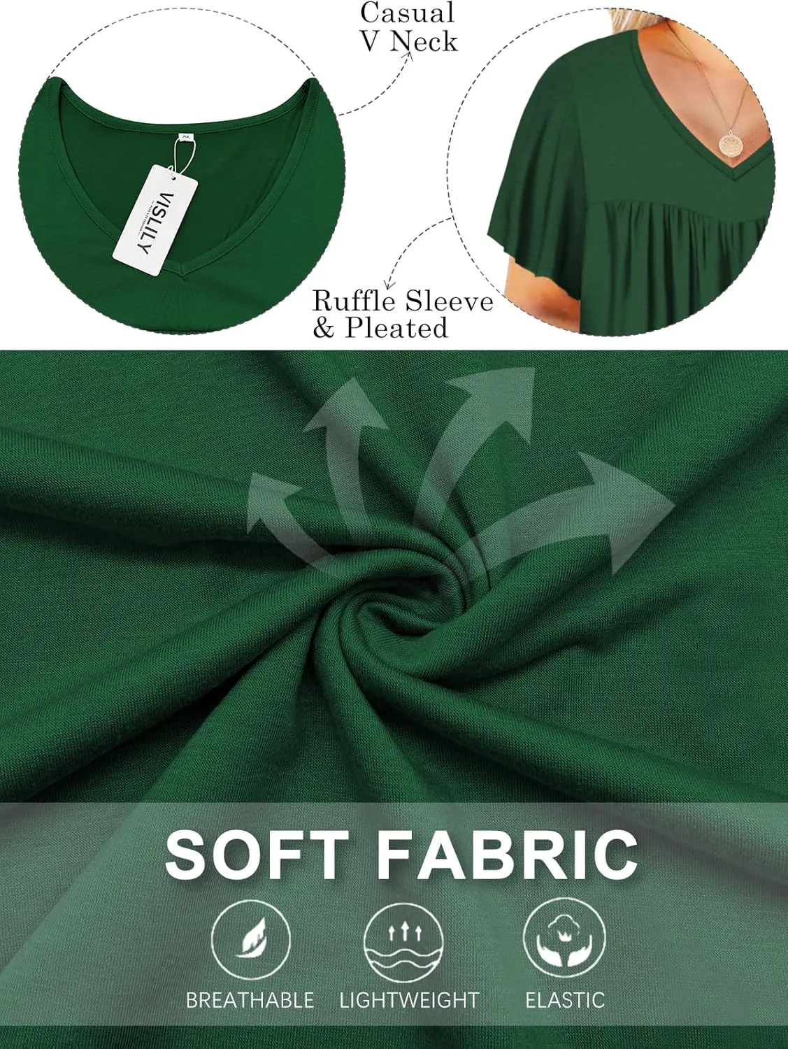 VISLILY Womens-Plus-Size-Summer-Tops 2025 Pleated V Neck T Shirts Short Sleeve Blouses Ruffle Flowy Tunics XL-5XL