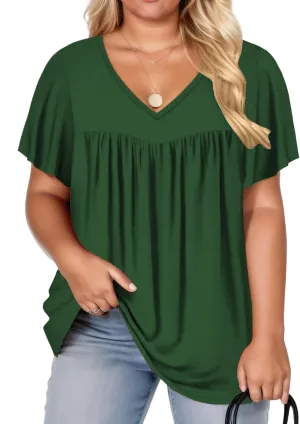 VISLILY Womens-Plus-Size-Summer-Tops 2025 Pleated V Neck T Shirts Short Sleeve Blouses Ruffle Flowy Tunics XL-5XL