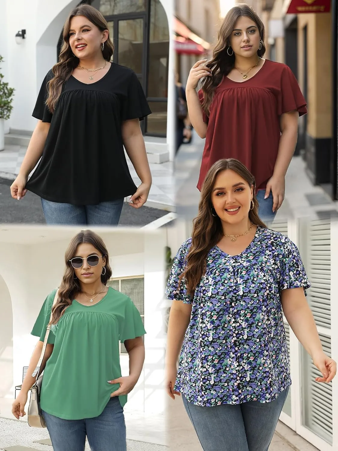 VISLILY Womens-Plus-Size-Summer-Tops 2025 Pleated V Neck T Shirts Short Sleeve Blouses Ruffle Flowy Tunics XL-5XL