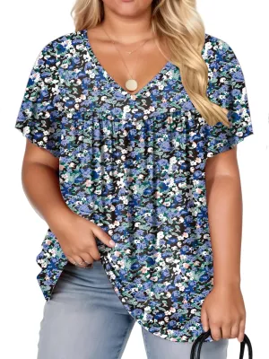 VISLILY Womens-Plus-Size-Summer-Tops 2025 Pleated V Neck T Shirts Short Sleeve Blouses Ruffle Flowy Tunics XL-5XL