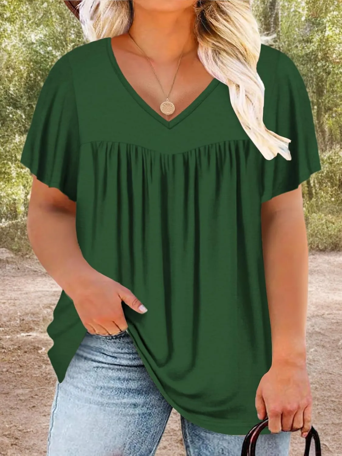 VISLILY Womens-Plus-Size-Summer-Tops 2025 Pleated V Neck T Shirts Short Sleeve Blouses Ruffle Flowy Tunics XL-5XL