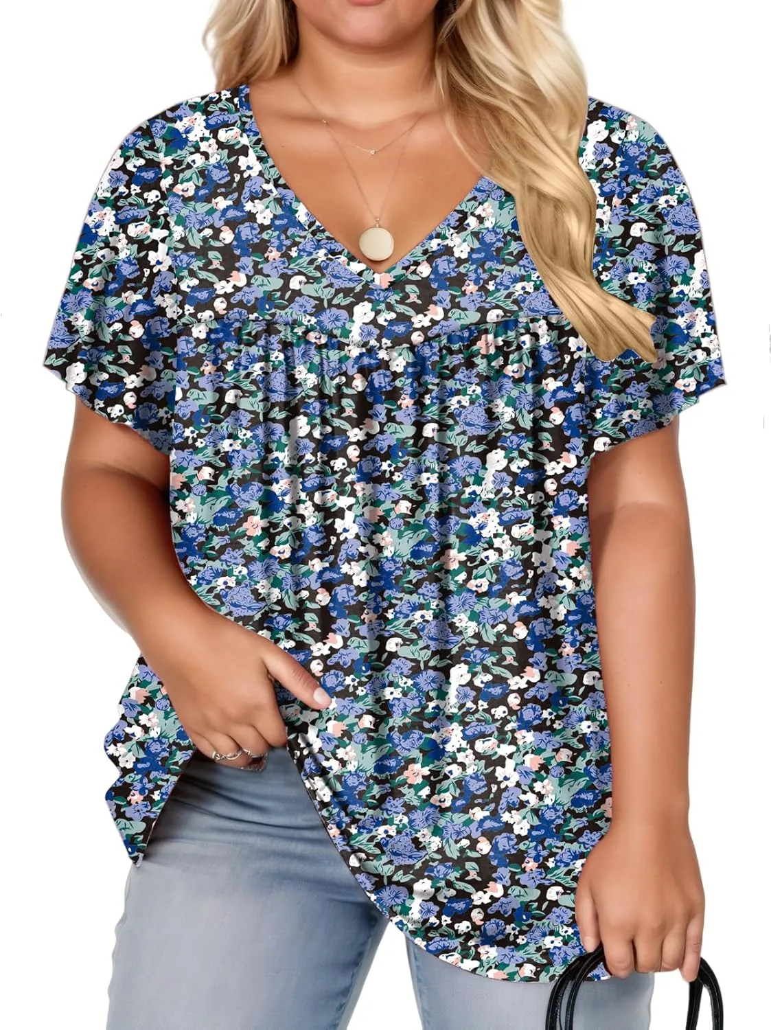 VISLILY Womens-Plus-Size-Summer-Tops 2025 Pleated V Neck T Shirts Short Sleeve Blouses Ruffle Flowy Tunics XL-5XL
