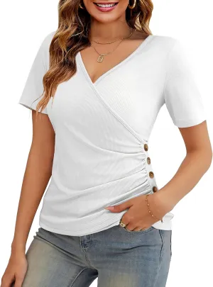 VOIANLIMO Women's Summer Tops Slim Fitted Deep V Neck Cross Wrap Tunic T-Shirt Side ruched Shirring Tees