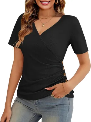 VOIANLIMO Women's Summer Tops Slim Fitted Deep V Neck Cross Wrap Tunic T-Shirt Side ruched Shirring Tees