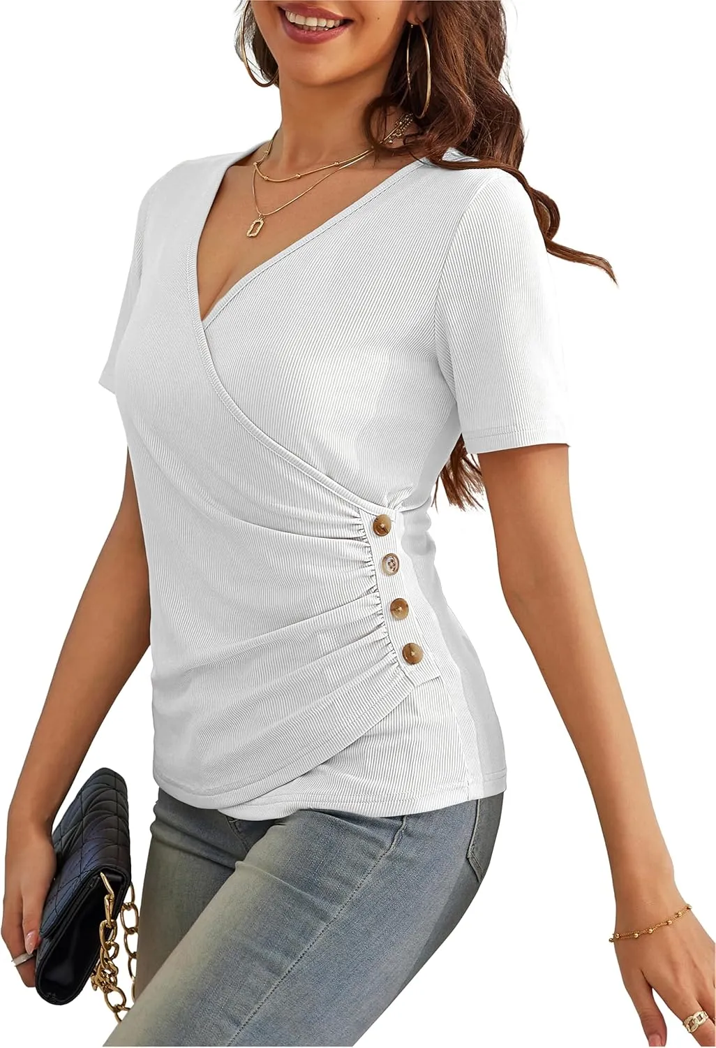 VOIANLIMO Women's Summer Tops Slim Fitted Deep V Neck Cross Wrap Tunic T-Shirt Side ruched Shirring Tees