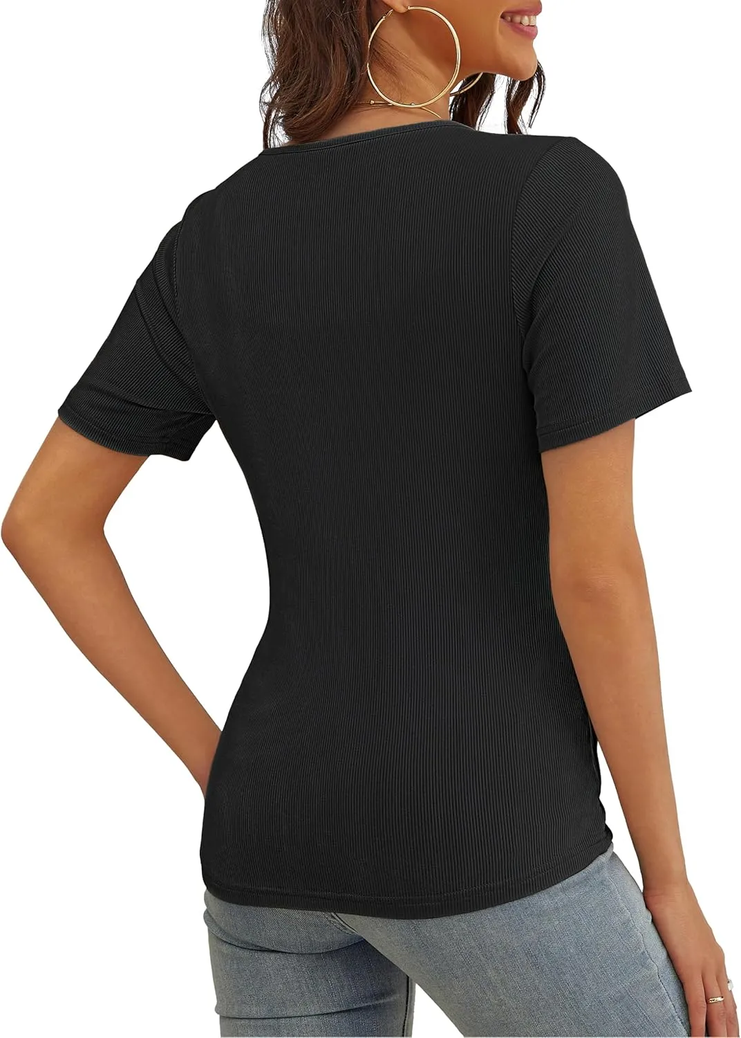 VOIANLIMO Women's Summer Tops Slim Fitted Deep V Neck Cross Wrap Tunic T-Shirt Side ruched Shirring Tees