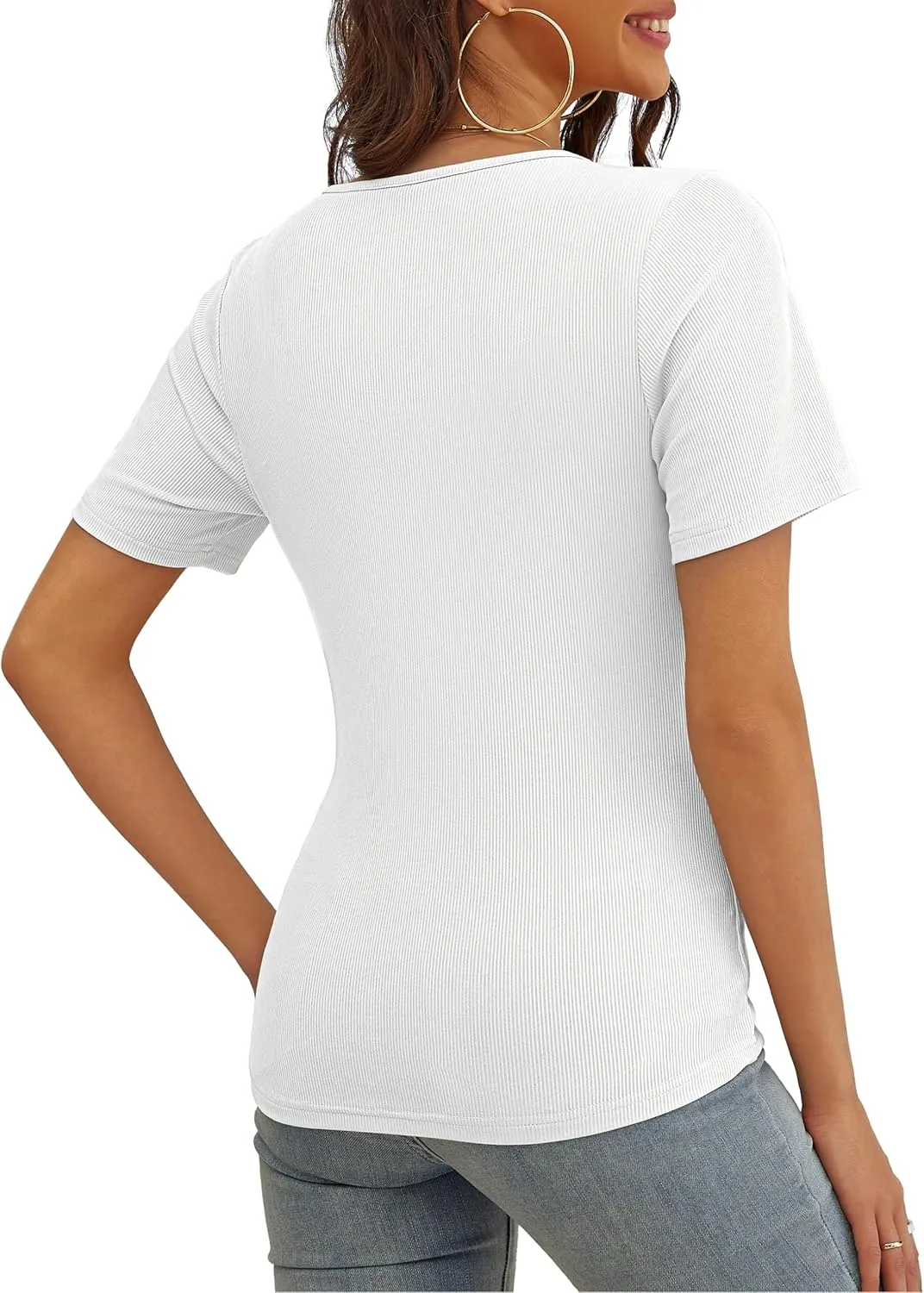 VOIANLIMO Women's Summer Tops Slim Fitted Deep V Neck Cross Wrap Tunic T-Shirt Side ruched Shirring Tees