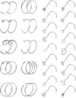 Vsnnsns 20G Nose Rings Studs Piercing Jewelry for Women 316L Surgical Stainless Steel L Shaped Corkscrew Straight Butterfly Heart Diamond CZ Hoop Nose Rings Studs Nostril Piercing Jewelry Silver Gold